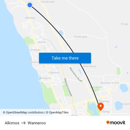 Alkimos to Wanneroo map