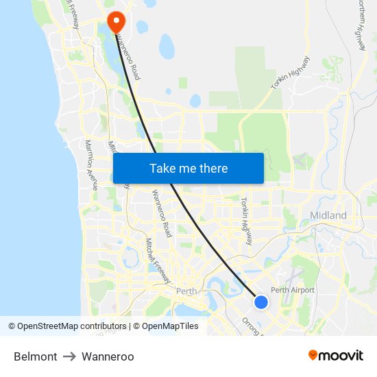 Belmont to Wanneroo map