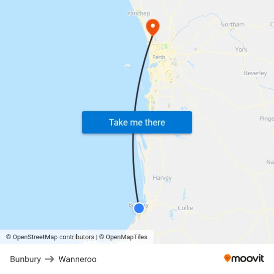 Bunbury to Wanneroo map