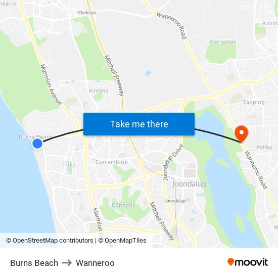 Burns Beach to Wanneroo map