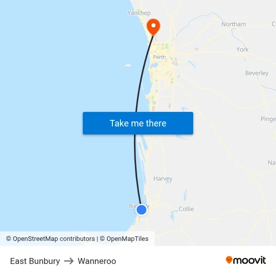 East Bunbury to Wanneroo map