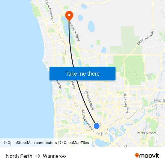 North Perth to Wanneroo map