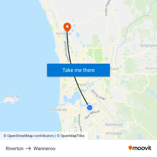 Riverton to Wanneroo map