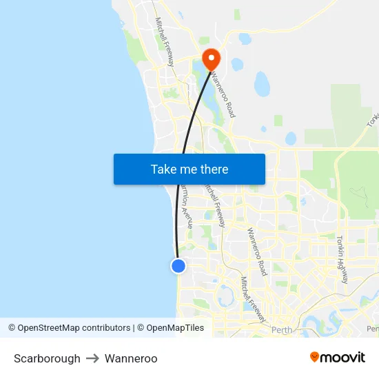 Scarborough to Wanneroo map