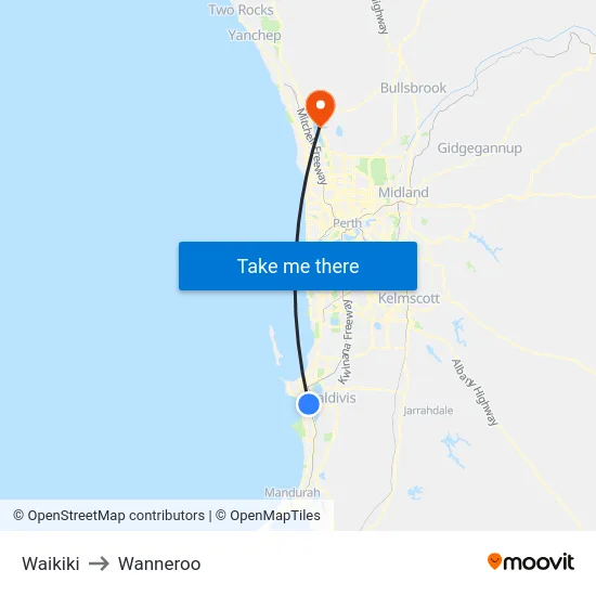 Waikiki to Wanneroo map