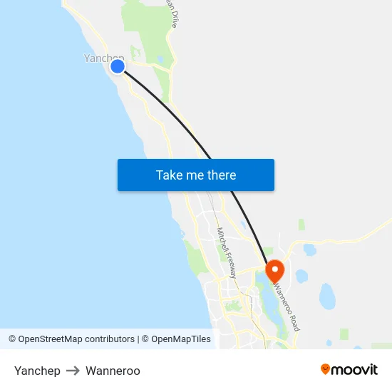 Yanchep to Wanneroo map
