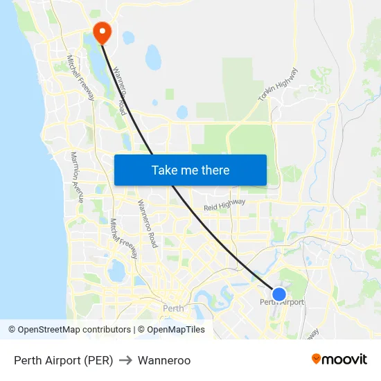 Perth Airport (PER) to Wanneroo map