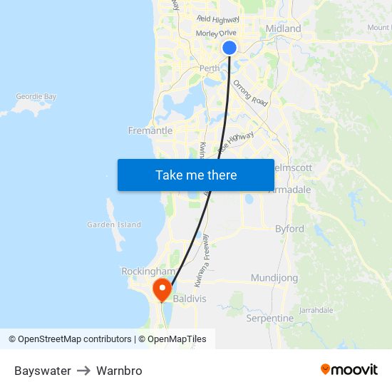 Bayswater to Warnbro map