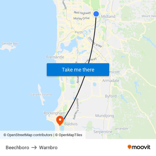 Beechboro to Warnbro map