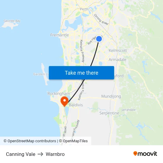 Canning Vale to Warnbro map
