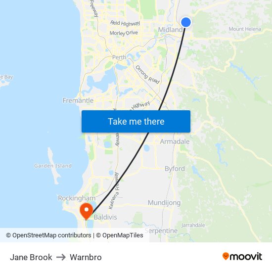 Jane Brook to Warnbro map