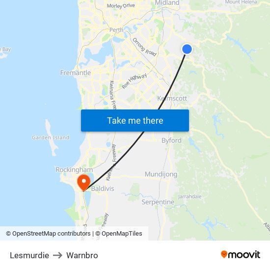 Lesmurdie to Warnbro map