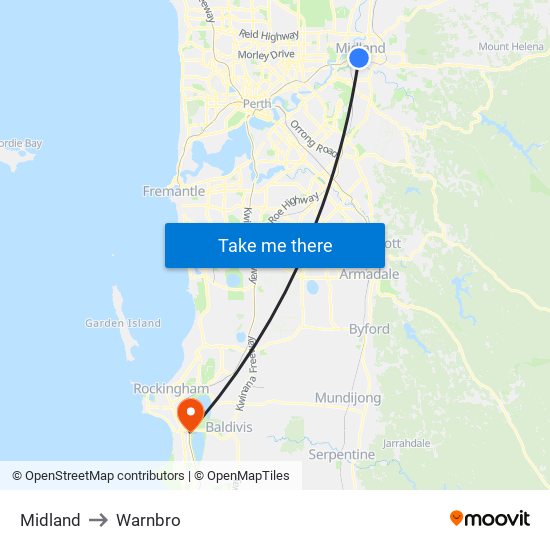 Midland to Warnbro map