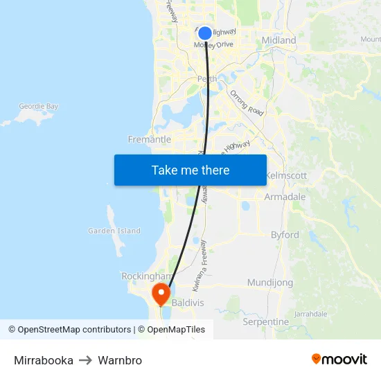 Mirrabooka to Warnbro map