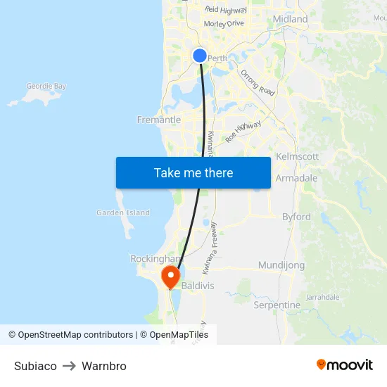 Subiaco to Warnbro map