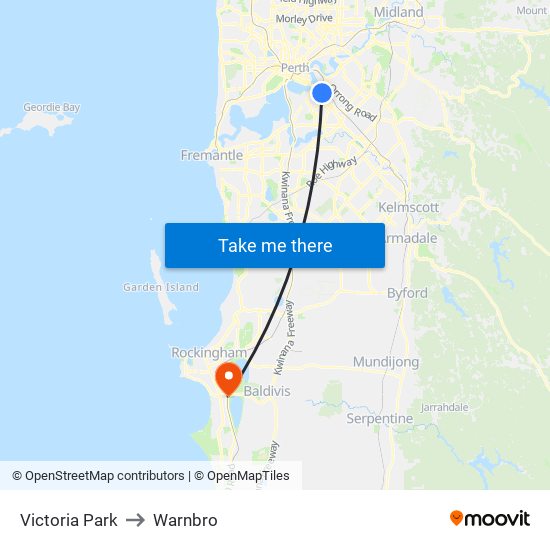 Victoria Park to Warnbro map
