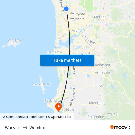 Warwick to Warnbro map