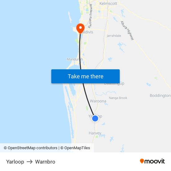 Yarloop to Warnbro map