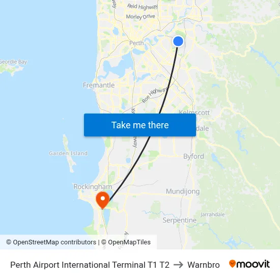 Perth Airport International Terminal T1 T2 to Warnbro map