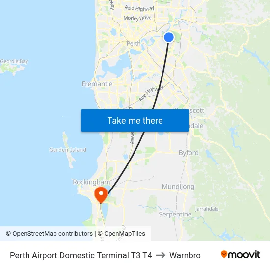 Perth Airport Domestic Terminal T3 T4 to Warnbro map