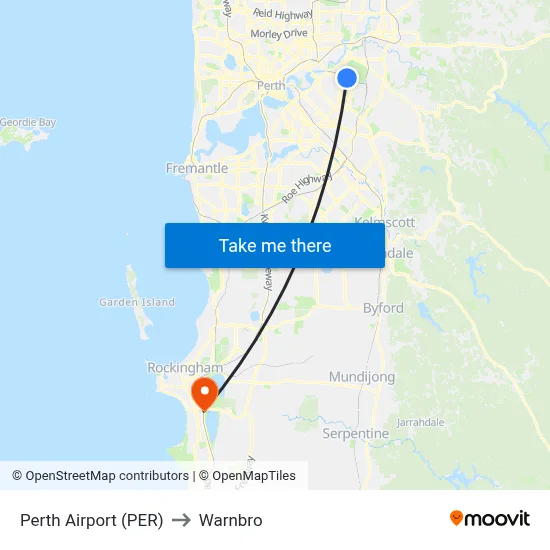 Perth Airport (PER) to Warnbro map