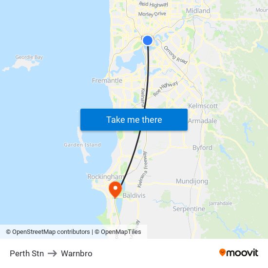 Perth Stn to Warnbro map