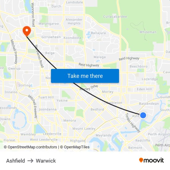 Ashfield to Warwick map