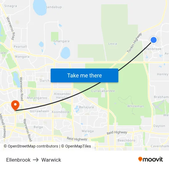 Ellenbrook to Warwick map