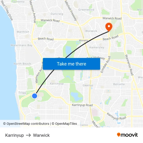 Karrinyup to Warwick map