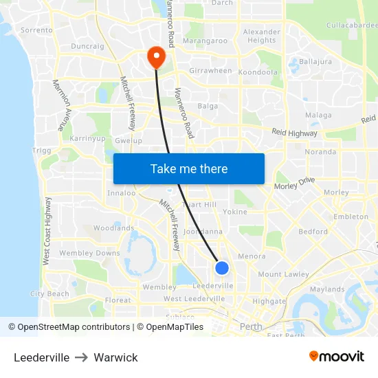 Leederville to Warwick map
