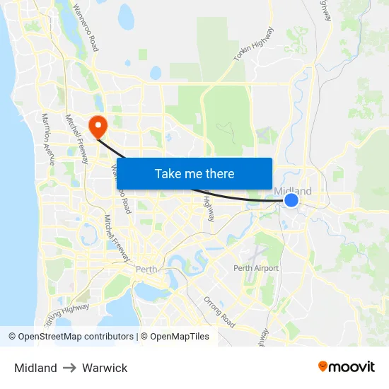 Midland to Warwick map