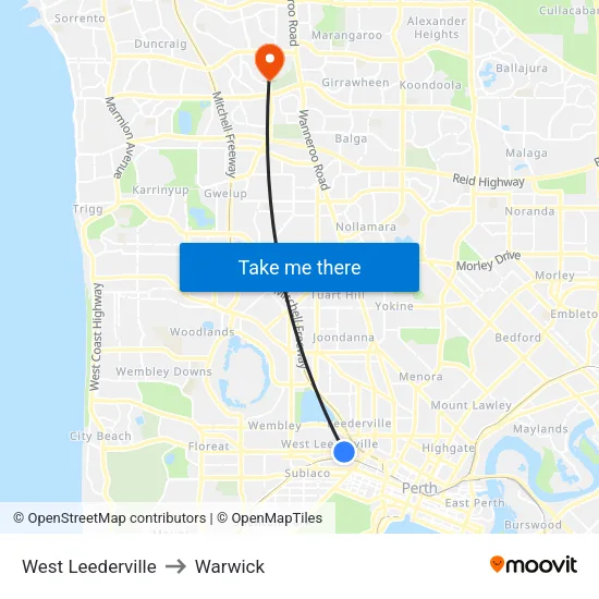 West Leederville to Warwick map