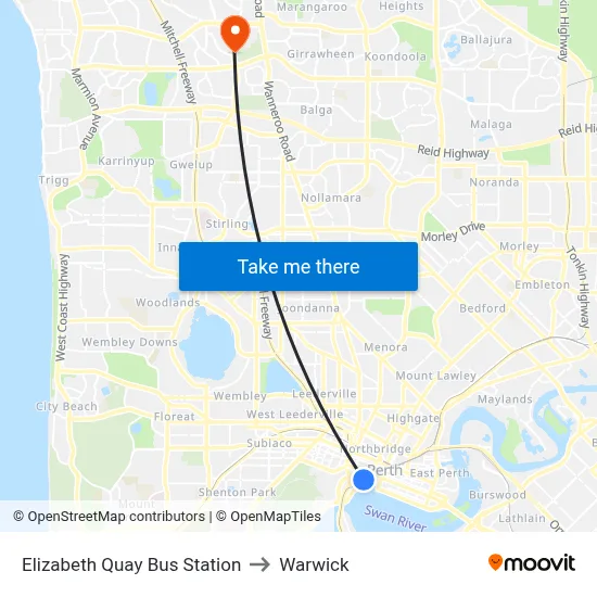 Elizabeth Quay Bus Station to Warwick map