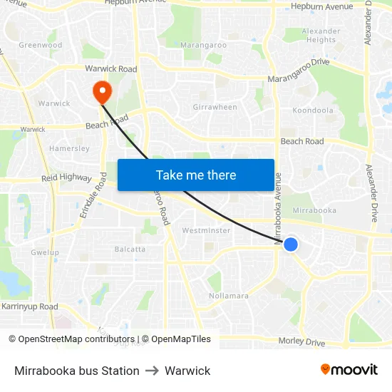 Mirrabooka bus Station to Warwick map
