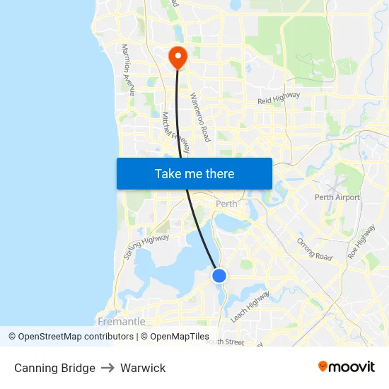 Canning Bridge to Warwick map