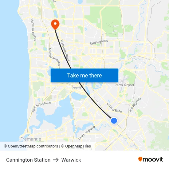 Cannington Station to Warwick map