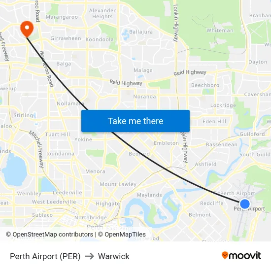 Perth Airport (PER) to Warwick map