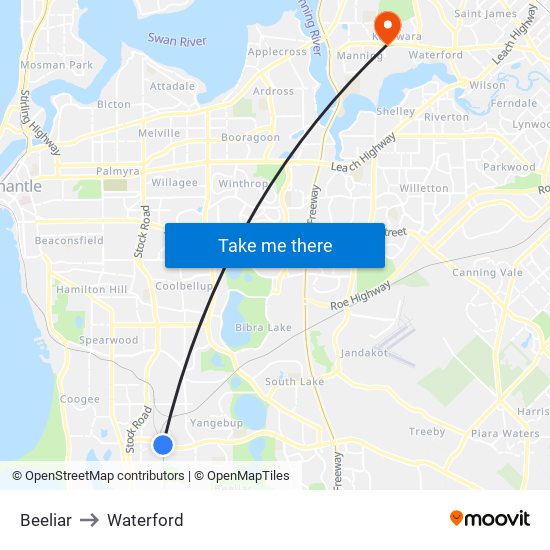 Beeliar to Waterford map