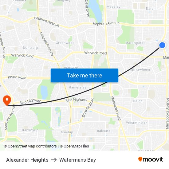 Alexander Heights to Watermans Bay map