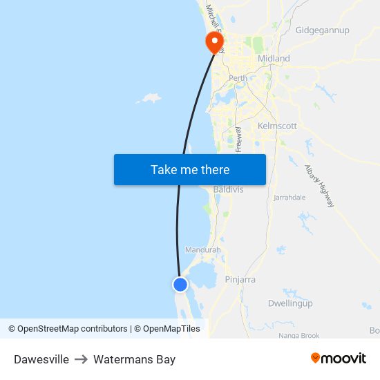 Dawesville to Watermans Bay map