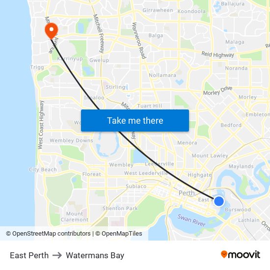 East Perth to Watermans Bay map