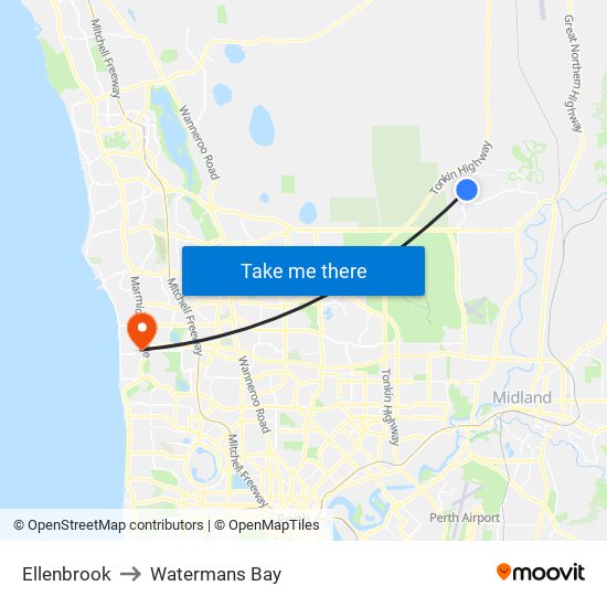 Ellenbrook to Watermans Bay map