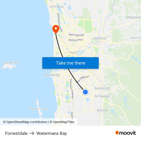 Forrestdale to Watermans Bay map