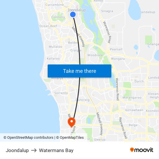 Joondalup to Watermans Bay map