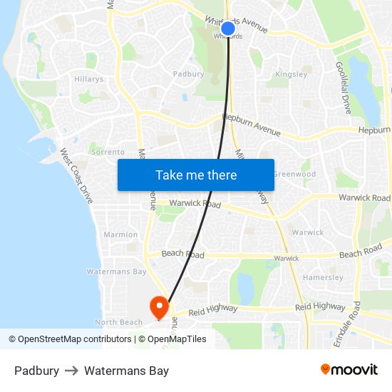 Padbury to Watermans Bay map