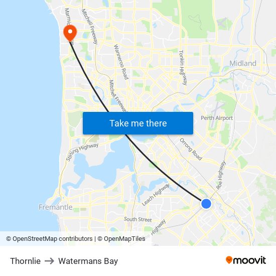 Thornlie to Watermans Bay map