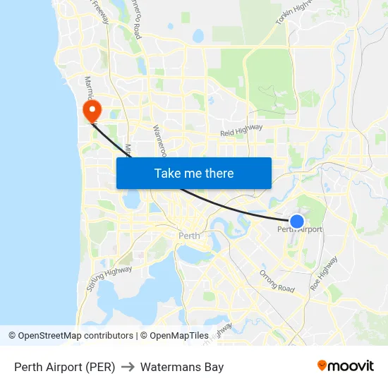 Perth Airport (PER) to Watermans Bay map