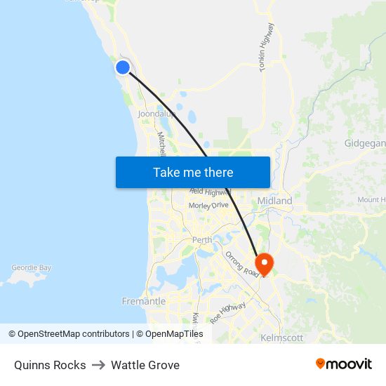 Quinns Rocks to Wattle Grove map