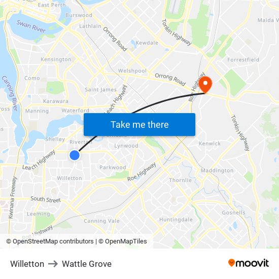 Willetton to Wattle Grove map