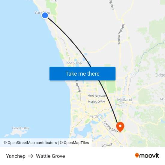 Yanchep to Wattle Grove map
